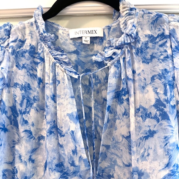 Intermix Blue & White Floral Silk Ruffle Sleeveless Blouse Top with Tie Front S - Picture 5 of 7